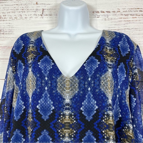 Calvin Klein Blue Snake Print V Neck Long Sleeve Blouse - Picture 2 of 12